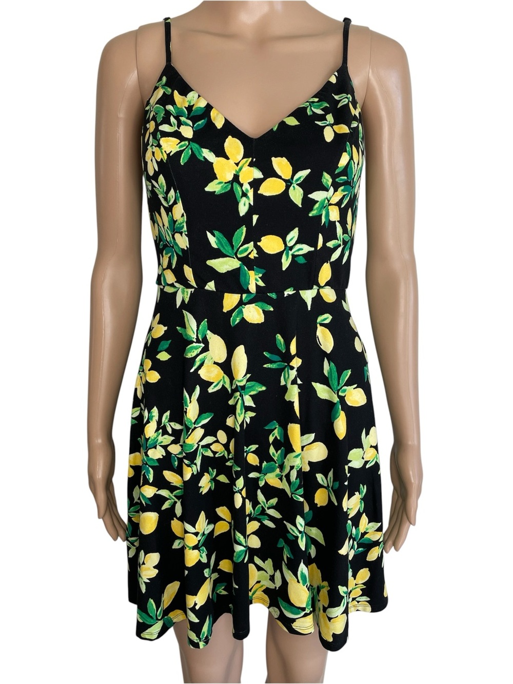 nine britton Black Lemon Print V-Neck Spaghetti Strap Mini Sundress Dress